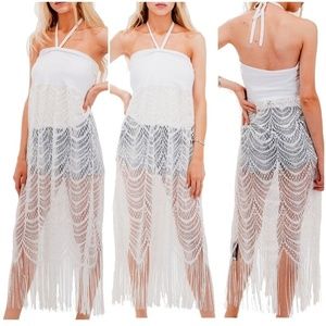 Long Halter Lace Crochet Fringe Swim Cover-up